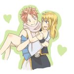  1girl :d bare_legs blonde_hair blush carrying couple erinan fairy_tail heart hetero lucy_heartfilia natsu_dragneel open_mouth pink_hair princess_carry scarf skirt smile 