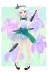  :d black_hairband bloomers bobby_socks bow dress dress_shirt flower hair_ribbon hairband highres hitodama holding katana konpaku_youmu konpaku_youmu_(ghost) looking_at_viewer mary_janes open_mouth petticoat ribbon shirt shoes short_hair short_sleeves silver_hair smile socks solo standing sword touhou underwear usagikoya vest weapon wind wind_lift 