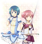  blue_eyes blue_flower blue_hair blue_rose bow_(weapon) bubble_skirt cape cosplay costume_switch flower gloves kaname_madoka kirikuchi_riku magical_girl mahou_shoujo_madoka_magica miki_sayaka multiple_girls pink_eyes pink_hair rose short_hair short_twintails skirt sword thighhighs twintails weapon zettai_ryouiki 