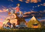  1girl anemometer bird book brown_hair campfire car closed_eyes cloud commentary evening fire from_ground grass ground_vehicle highres mac_naut motor_vehicle on_vehicle original radio_antenna reading short_hair signature sitting sky tent twilight weather_vane 