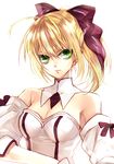  absurdres artoria_pendragon_(all) bad_id bad_pixiv_id blonde_hair breasts cleavage detached_sleeves fate/stay_night fate/unlimited_codes fate_(series) green_eyes highres kojoz lipstick makeup medium_breasts ponytail ribbon saber saber_lily solo 