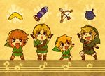  belt black_eyes blue_eyes bomb boomerang bow_(weapon) brown_hair earrings gloves hat hook jewelry link male_focus motimamire multiple_boys multiple_persona musical_note pointy_ears smile the_legend_of_zelda the_legend_of_zelda:_a_link_to_the_past the_legend_of_zelda:_ocarina_of_time the_legend_of_zelda:_the_wind_waker the_legend_of_zelda:_twilight_princess toon_link weapon 
