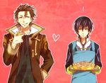  2boys :q alvin_(tales) apron bberry black_hair brown_eyes brown_hair food jude_mathis male_focus mittens multiple_boys pie pink_background scarf tales_of_(series) tales_of_xillia tongue tongue_out yellow_eyes 