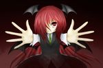  bad_id bad_pixiv_id bat_wings dress_shirt foreshortening frown green_neckwear hair_over_one_eye head_wings k285k koakuma long_hair long_sleeves looking_at_viewer necktie outstretched_arms red_eyes red_hair sad shirt skirt skirt_set solo tears touhou very_long_hair vest wings 
