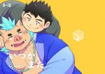  blue_hair blush boar chubby_protagonist_(tas) clothed clothing cuddling facial_hair gouryou hair human jewelry mammal mohawk necklace noko_illust open_shirt overweight pecs porcine sideburns slightly_chubby tokyo_afterschool_summoners tusks video_games 