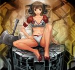  axe bad_id bad_pixiv_id battle_axe bow bow_panties breasts brown_hair cleavage collarbone crop_top hand_on_hip horns lingerie looking_at_viewer medium_breasts midriff navel open_mouth original panties scar shijima_(tanfn) short_hair sitting sitting_on_object solo spread_legs underwear underwear_only weapon white_panties 