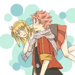  1girl blonde_hair blush carrying carrying_over_shoulder couple erinan fairy_tail hetero lucy_heartfilia natsu_dragneel over_shoulder pink_hair scarf skirt 
