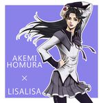  akemi_homura araki_hirohiko_(style) argyle argyle_legwear black_hair black_legwear capelet hachiya jojo_no_kimyou_na_bouken lisa_lisa long_hair magical_girl mahou_shoujo_madoka_magica pantyhose parody pleated_skirt purple_eyes red_stone_of_aja skirt solo style_parody 