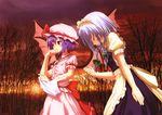  2girls absurdres bat_wings blood bowing braid closed_eyes eyes_closed female hand_to_mouth hand_to_own_mouth handkerchief hat highres horizon izayoi_sakuya maid maid_headdress multiple_girls outstretched_hand purple_hair red_eyes remilia_scarlet short_hair silver_hair sky sunset touhou tree twin_braids wings wiping wrist_cuffs yasuyuki 
