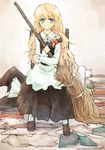  blonde_hair blue_eyes blush book braid broom hat hat_removed headwear_removed kirisame_marisa long_hair looking_at_viewer messy_room object_hug side_braid sitting smile solo strap_slip tes_(unpre) touhou witch_hat 