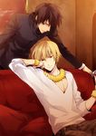  alcohol bad_id bad_pixiv_id blonde_hair bracelet brown_hair cross cup drinking_glass fate/zero fate_(series) gilgamesh jewelry kotomine_kirei male_focus multiple_boys necklace red_eyes wine wine_glass xia_(ryugo) 