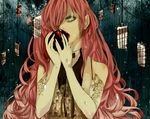  apple aqua_eyes collar earrings eating elbow_gloves face food fruit gloves hair_over_one_eye hands hebi_(yurari) holding holding_food holding_fruit jewelry long_hair megurine_luka open_mouth pink_hair solo vocaloid 