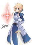 ahoge armor armored_dress artoria_pendragon_(all) blonde_hair character_name command_spell dress excalibur fate/zero fate_(series) gauntlets green_eyes hair_ribbon ribbon saber solo sword togezou weapon 