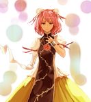  amputee bandages bun_cover cuffs double_bun flower highres ibaraki_kasen kaw pink_eyes pink_flower pink_hair pink_rose rose shackles solo tabard touhou unraveling 