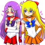  2boys aries_mu aries_muu bishoujo_senshi_sailor_moon blonde_hair blue_eyes blush bow cosplay crossdressing elbow_gloves facial_mark forehead_mark frown gloves grtfl_b hair_bow long_hair male male_focus multiple_boys purple_eyes purple_hair sailor_mars sailor_mars_(cosplay) sailor_venus sailor_venus_(cosplay) saint_seiya trap virgo_shaka 