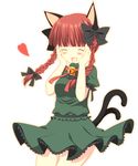  :3 animal_ears bad_id bad_pixiv_id bangs bell blunt_bangs bow braid cat_ears cat_tail closed_eyes hair_bow hands_on_own_cheeks hands_on_own_face happy heart jingle_bell kaenbyou_rin multiple_tails oniku_(shimofuri-ke) open_mouth red_hair simple_background skirt skirt_set smile solo tail touhou twin_braids twintails white_background 