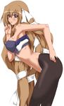  aoi_kimi arm_up bandeau bodysuit breasts brown_eyes brown_hair covered_nipples hand_on_hip kyoukaisenjou_no_horizon large_breasts legs long_hair open_mouth pantyhose setsunan solo thighs very_long_hair 