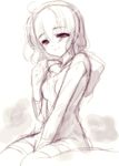  between_legs blush hand_between_legs happy hood hood_down hoodie looking_at_viewer monochrome original pointing pointing_at_self short_hair shouna_mitsuishi sitting sketch smile solo v_arms wariza 