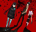  2boys android bad_id bad_pixiv_id black_hair hair_over_one_eye highres inga jacket long_hair multiple_boys panda_hat purple_eyes purple_hair sasa_kazamori shirt short_hair striped striped_shirt thighhighs un-go walking yuuki_shinjuurou 