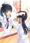  amanomiya_saori black_hair blue_eyes blush eighth_note hair_ornament hairclip hairdressing highres kazeno long_hair mirror musical_note open_mouth original ponytail reflection school_uniform solo 