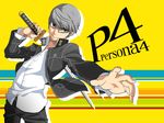  bad_id bad_pixiv_id bangs copyright_name foreshortening glasses grey_eyes hiiro_(kikokico) holding houndstooth jacket long_sleeves male_focus narukami_yuu persona persona_4 school_uniform shirt silver_hair smile solo striped striped_background swept_bangs sword text_focus weapon yellow_background 