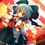  ascot blue_dress blue_eyes blue_hair blush bow cirno dress food hair_bow hand_on_own_face ice_cream ice_cream_cone nanahamu open_mouth short_hair solo touhou wings wrist_cuffs 