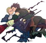  action battle black_hair blonde_hair blue_eyes cloth dual_wielding fate/zero fate_(series) gae_buidhe gae_dearg gloves holding kayneth_el-melloi_archibald lancer_(fate/zero) male_focus multiple_boys ninalis polearm spear weapon white_background yellow_eyes 