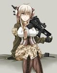  alternate_color battle_rifle bipod blonde_hair boots breasts brown_eyes corset crossed_legs enoshima_iki fingerless_gloves glasses gloves gun large_breasts long_hair m14 military mk_14_ebr one_eye_closed original rifle scarf scope shirt sitting smile sniper_rifle solo taut_clothes taut_shirt twintails weapon 