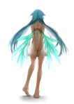  aqua_hair arms_behind_back bare_back bare_shoulders barefoot charimei from_behind full_body long_hair saya saya_no_uta simple_background skirt solo very_long_hair white_skirt wings 