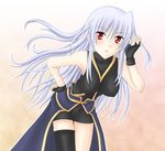  blush fingerless_gloves gloves lyrical_nanoha mahou_shoujo_lyrical_nanoha mahou_shoujo_lyrical_nanoha_a's red_eyes reinforce silver_hair single_thighhigh solo sooichi_(diabolicemission) thighhighs 