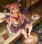  bare_shoulders barefoot belt blonde_hair chain food fruit gourd horns ibuki_suika junly long_hair off_shoulder porch sitting skirt soaking_feet solo touhou tub veranda water watermelon wind_chime yellow_eyes 