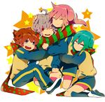  akishima_kei bad_id bad_pixiv_id blue_eyes brown_eyes brown_hair green_hair hug inazuma_eleven_(series) inazuma_eleven_go kariya_masaki kirino_ranmaru long_hair male_focus matsukaze_tenma multiple_boys open_mouth scarf shindou_takuto twintails 