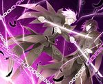 ahoge battle black_hair boots chain coat dual_persona duel electricity feathers male_focus multiple_boys pants purple_background shii_(shii158) sword tales_of_(series) tales_of_xillia weapon white_hair wingul_(tales) 