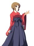  brown_eyes brown_hair hakama japanese_clothes kimono meiji_schoolgirl_uniform meiko short_hair simple_background solo vocaloid yuzuki_kei 