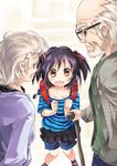  2boys backpack bag cane chiba_(city) commentary_request glasses hair_ribbon ichijou_ai matsudo_(chiba) multiple_boys nanaroku_(fortress76) official_art old_man open_mouth original public_service_announcement randoseru ribbon short_twintails shorts striped twintails two_side_up 