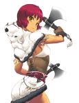  1girl axe brown_gloves capelet cowboy_shot dark_skin dual_wielding fur-trimmed_capelet fur-trimmed_shorts fur_trim gloves holding holding_axe looking_at_viewer looking_back original os_(ososos) red_hair shiny shiny_hair short_hair short_shorts shorts simple_background smile solo standing white_background white_shorts yellow_eyes 