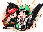  :d :p animal_ears black_hair black_legwear black_wings bow braid cape cat_ears chibi closed_eyes dress extra_ears flying_sweatdrops green_dress hair_bow jeno kaenbyou_rin kneehighs licking multiple_girls open_mouth red_hair reiuji_utsuho sitting skirt smile third_eye tongue tongue_out touhou twin_braids wariza wings 