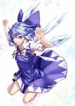  arms_up bare_legs barefoot blue_dress blue_eyes blue_hair bow cirno dress hair_bow hands ice ice_wings looking_at_viewer neck_ribbon pinafore_dress ribbon short_hair snowflakes solo sukocchi teenage touhou wings 