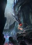 blue breathing_fire cliff dragon fantasy fire flame makarori_(noah) original rock 