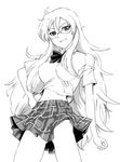  ben-tou glasses greyscale grin hand_on_hip impossible_clothes impossible_shirt long_hair looking_at_viewer monochrome navel plaid plaid_skirt school_uniform shaga_ayame shirt simple_background skirt smile solo ueyama_michirou 