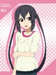  arm_grab black_hair brown_eyes casual character_name ikari_manatsu k-on! long_hair nakano_azusa open_mouth round_teeth solo teeth twintails 