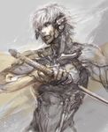  armor chang cyborg fighting_stance grey_eyes highres looking_at_viewer male_focus mechanical_parts metal_gear_(series) metal_gear_solid raiden realistic silver_hair solo standing sword upper_body weapon 