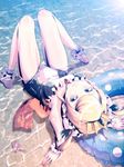  ankle_cuffs arm_support arthur_(parallel_age) barefoot beach blonde_hair blue_eyes conch crown innertube legs looking_at_viewer lying mubouou_aasaa nail_polish on_back one-piece_swimsuit outdoors parallel_age partially_submerged solo swimsuit upside-down water wrist_cuffs 