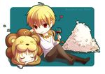  1girl ahoge alcohol animal_costume artoria_pendragon_(all) blonde_hair bone chibi fate/stay_night fate/tiger_colosseum fate_(series) gilgamesh heart jewelry necklace red_eyes saber_lion short_hair sleeping wine xinya 