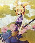  acrylic_paint_(medium) bad_id bad_pixiv_id belt blonde_hair earmuffs flower highres isegawa_yasutaka ritual_baton shirt skirt sleeveless sleeveless_shirt solo sword touhou toyosatomimi_no_miko traditional_media weapon yellow_eyes 