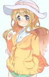  bad_id bad_pixiv_id blonde_hair blue_eyes breasts eyebrows hat highres k-on! kotobuki_tsumugi long_hair medium_breasts smile solo sunameri_oishii sweater 