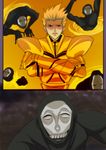  armor assassin_(fate/zero) blonde_hair comic earrings fate/zero fate_(series) gate_of_babylon gilgamesh jewelry male_focus mask parody red_eyes tobiuo_(62masa62) 