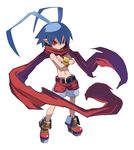  antenna_hair bare_legs belt blue_hair bracelet crossed_arms disgaea full_body grin harada_takehito jewelry laharl makai_senki_disgaea male_focus official_art red_eyes red_scarf red_shorts scarf shirtless shoes shorts smile solo 