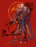  armor blue_eyes boots chang copyright_name fantasy gauntlets greaves highres long_hair male_focus pixiv_fantasia pixiv_fantasia_5 red red_background scarf solo standing tabard white_hair 
