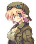  blush breasts cleavage goggles goggles_on_head grey_eyes hat huge_breasts jacket open_clothes open_jacket original pointy_ears red_hair sakaki_(noi-gren) shirt smile solo uniform 